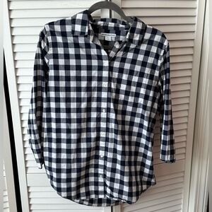 Navy and White Checkered Button-Up Shirt, 3/4 sleeves, Medium